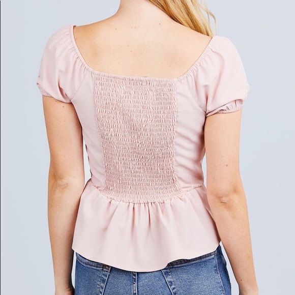 Heart Neck Smocking Detail Flare Hem Woven Top - Picture 4 of 8